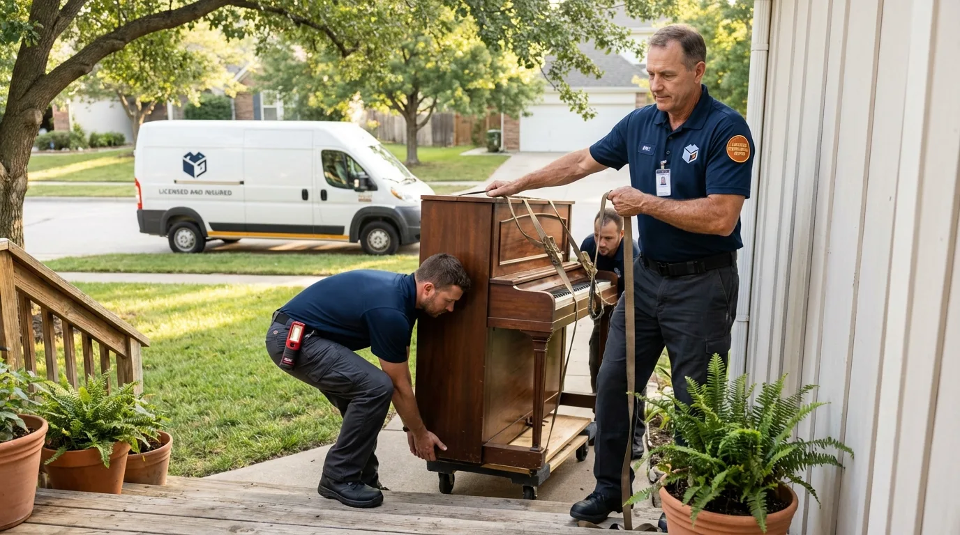 Licensed piano movers securing grand piano in New Brockton, AL