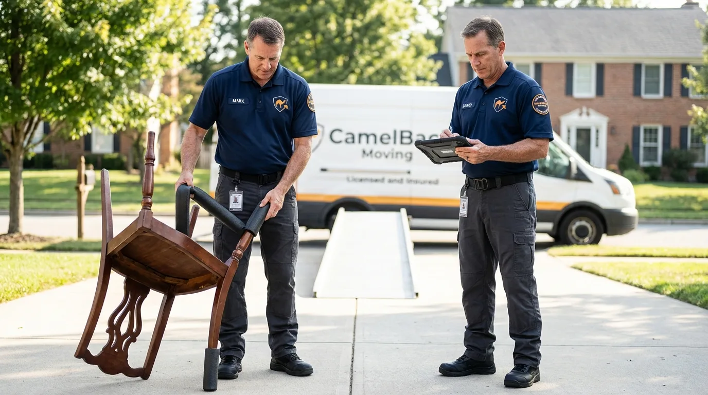 Movers inspecting furniture for damage prevention before loading in New Brockton, AL