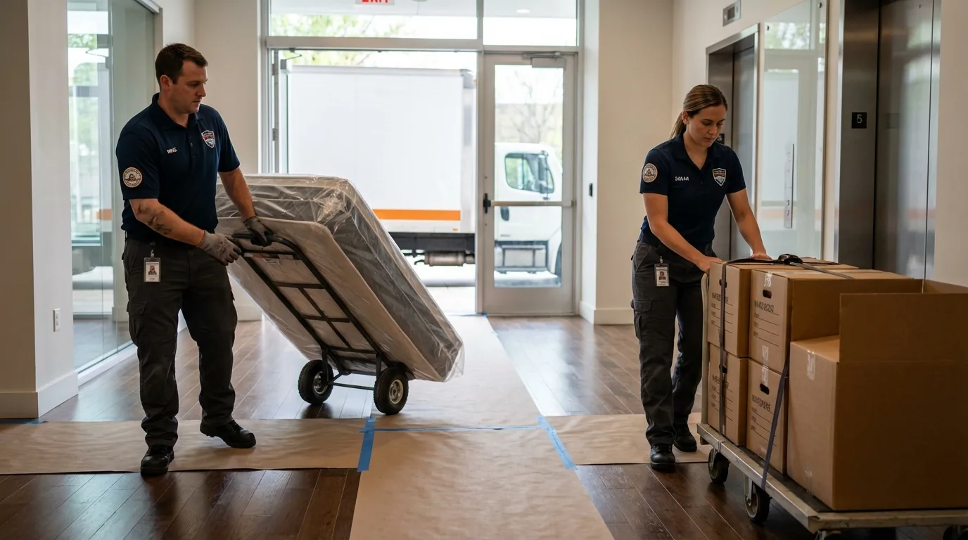 Professional apartment movers loading elevator in New Brockton, AL