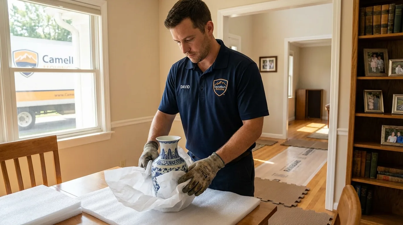 Professional crew carefully wrapping antique vase for senior downsizing move in New Brockton, AL